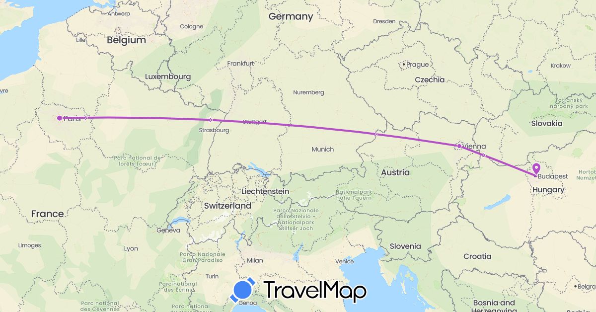 TravelMap itinerary: driving, train in Austria, France, Hungary (Europe)